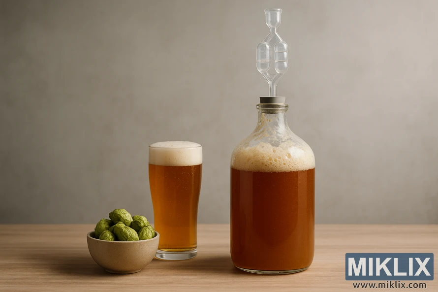 ပယင်းကို အချဉ်ဖောက်ထားသော ဘီယာ၊ အမြှုပ်ထနေသော krausen၊ ပိုင့်ဖန်နှင့် သန့်ရှင်းသော မျက်နှာပြင်ပေါ်တွင် လတ်ဆတ်သော ဟင်းခတ်အမွှေးအကြိုင်များပါသည့် ကာဘွိုင်ဖန်။