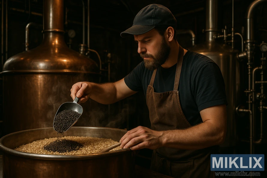 Bryggeren måler avskallet Carafa-malt i dunkelt bryggeri med kobberkjeler og damp.