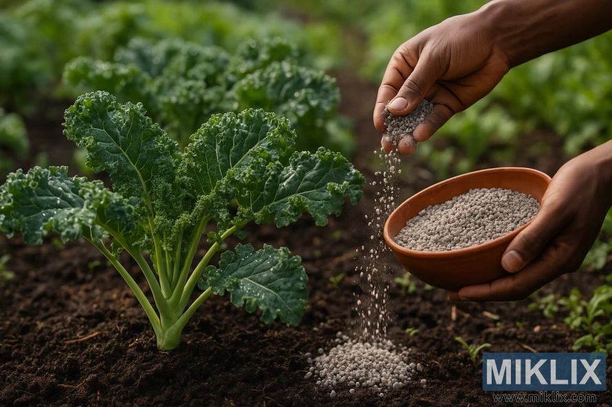 Hands applying organic fertilizer to healthy kale plants in rich garden soil under natural sunlight.