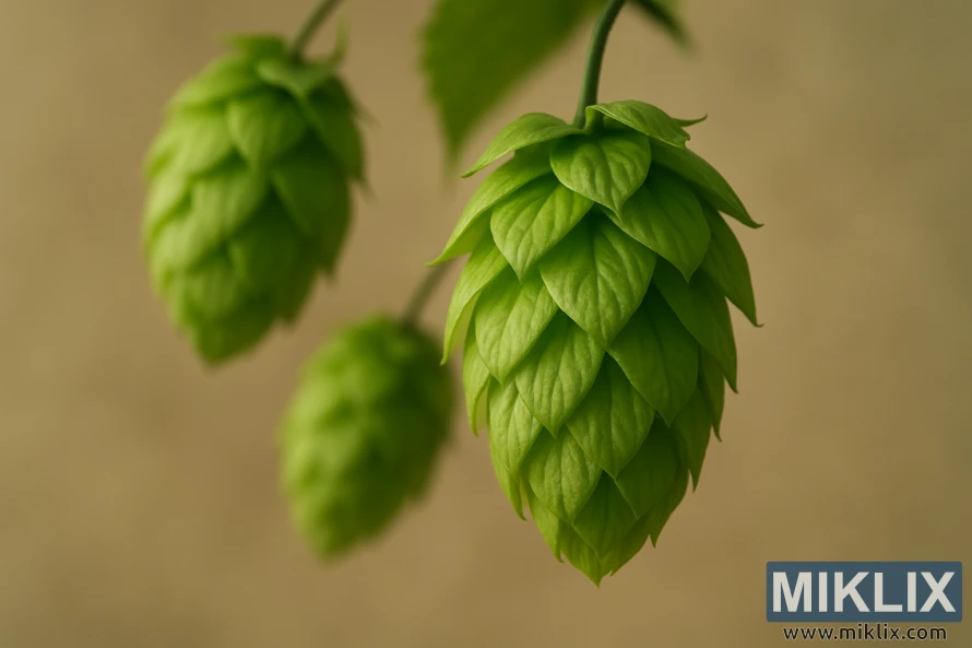 Primo piano dettagliato dei coni di luppolo Blato con brattee stratificate, illuminati delicatamente su uno sfondo neutro. Primo piano dettagliato dei coni di luppolo Blato con brattee stratificate, illuminati delicatamente su uno sfondo neutro.