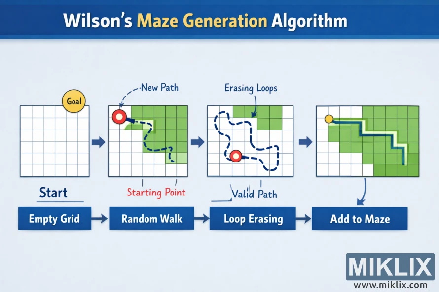 Four-panel infographic showing the main stages of Wilson’s maze generation algorithm: empty grid, random walk, loop erasing, and adding the path to the maze. Four-panel infographic showing the main stages of Wilson’s maze generation algorithm: empty grid, random walk, loop erasing, and adding the path to the maze.