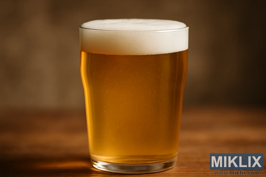 Close-up of a golden lager in a pint glass with creamy foam head.