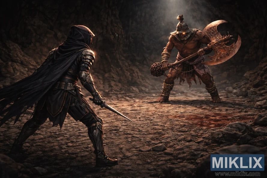 Фан-арт во аниме стил на кој се прикажува Оцрнетиот прикажан одзади како се соочува со Бесниот Дуелист во широка, карпеста пештера, неколку моменти пред битката.