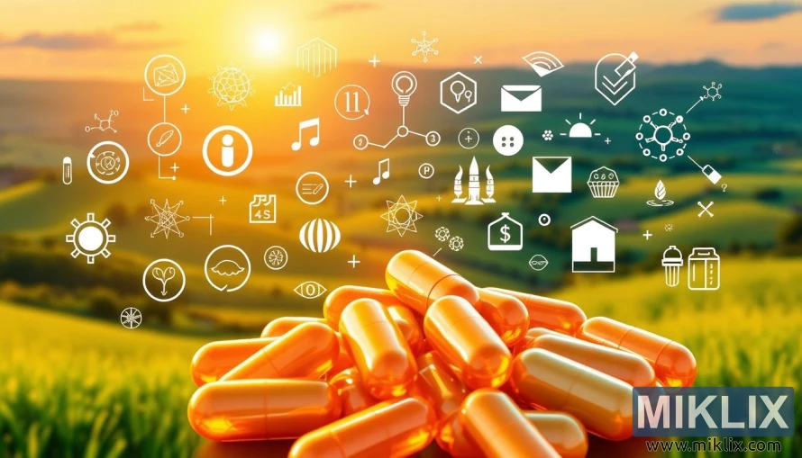 Illustration of tryptophan capsules with molecular and wellness symbols in a serene landscape. Illustration of tryptophan capsules with molecular and wellness symbols in a serene landscape.