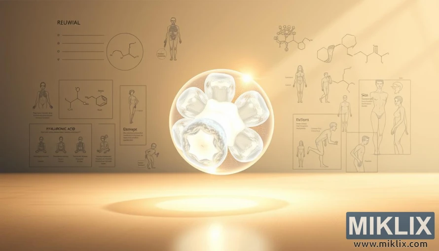 Glowing hyaluronic acid sphere with diagrams of skin, joints, and tissues, in warm light. Glowing hyaluronic acid sphere with diagrams of skin, joints, and tissues, in warm light.