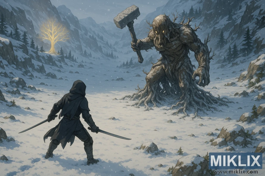 Isigcawu sesitayela se-anime se-engeli ephezulu seqhawe elihlomile le-Black Knife elibhekene ne-Erdtree Avatar enkulu enesando esigodini sezintaba ezineqhwa. Isigcawu sesitayela se-anime se-engeli ephezulu seqhawe elihlomile le-Black Knife elibhekene ne-Erdtree Avatar enkulu enesando esigodini sezintaba ezineqhwa.