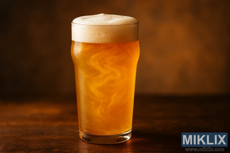 A pint glass of golden ale with a creamy foamy head, softly lit against a warm, blurred background. A pint glass of golden ale with a creamy foamy head, softly lit against a warm, blurred background.