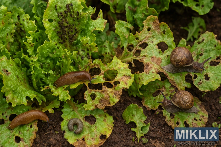 Close-up of lettuce plants with aphids, slugs, snails, cutworms, and feeding damage from rabbits and deer