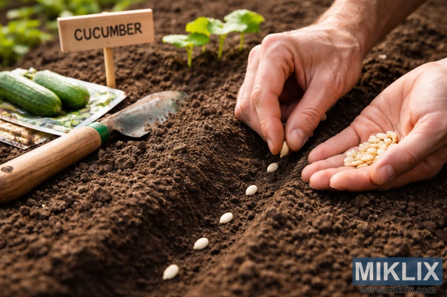 Hands carefully planting cucumber seeds in evenly spaced rows of rich garden soil with tools and seedlings nearby
