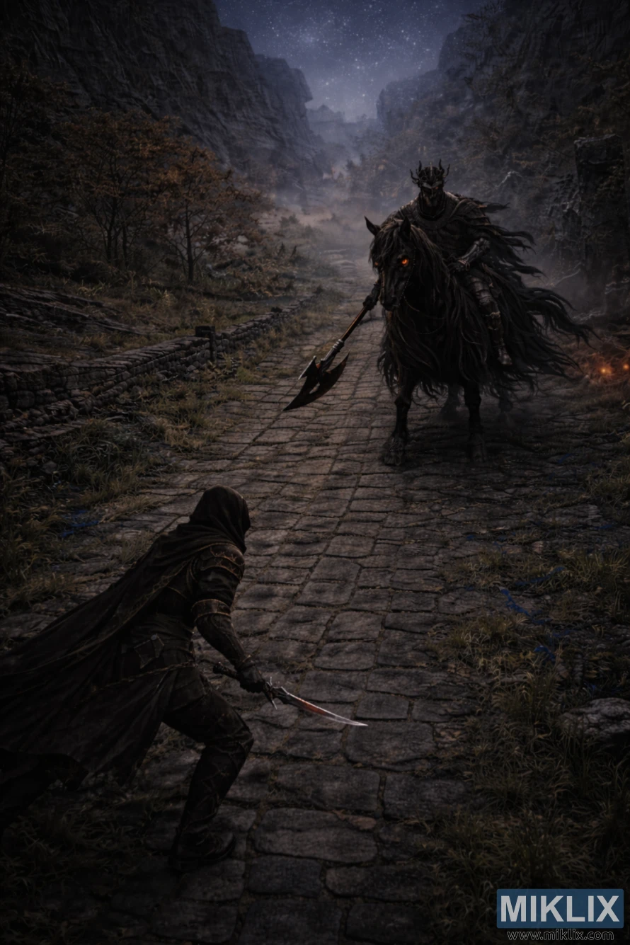 Fan art elevada e semi-realista de Elden Ring mostrando os Maculados lá em baixo a enfrentar a Cavalaria da Noite na Bellum Highway, de uma perspetiva alta, semelhante a isométrica, à noite.