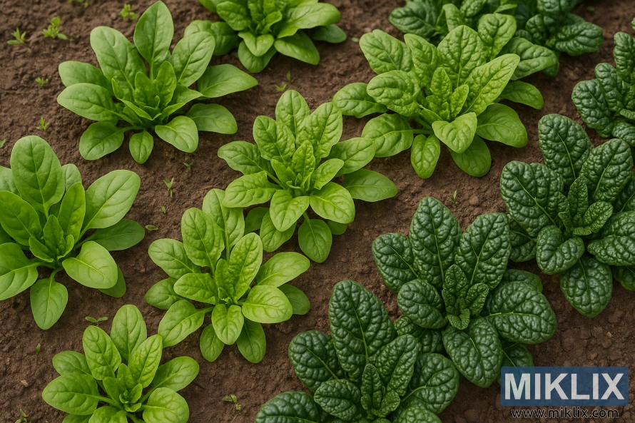 Три сорта шпината — гладколистный, полусавойский и савойский — растут аккуратными рядами на грядке с плодородной почвой. Три сорта шпината — гладколистный, полусавойский и савойский — растут аккуратными рядами на грядке с плодородной почвой.