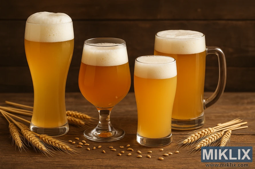 Četiri pšenična piva u različitim čašama na rustikalnom drvenom stolu sa stabljikama i zrnima pšenice.