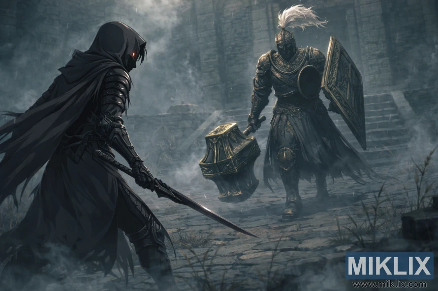 Anime style fan art of the Tarnished in Black Knife armor facing Black Knight Garrew with mace and shield in a foggy stone fortress just before battle.