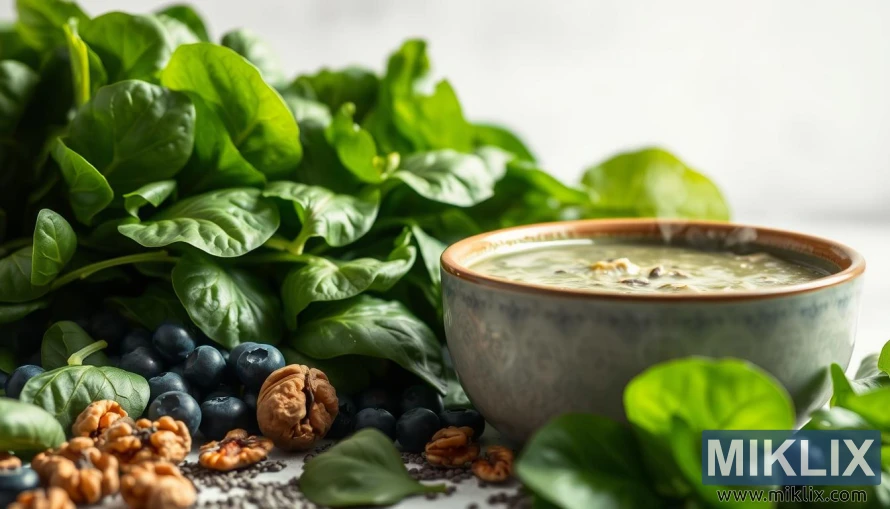 Frisk spinat med blåbær, valnødder, chiafrø og en dampende spinatret på en ren baggrund. Frisk spinat med blåbær, valnødder, chiafrø og en dampende spinatret på en ren baggrund.