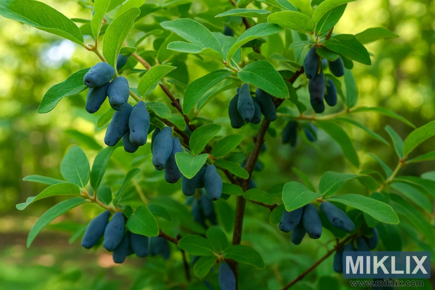 Close-up of heat-tolerant honeyberry shrub with bluish-purple berries and green leaves in partial shade. Close-up of heat-tolerant honeyberry shrub with bluish-purple berries and green leaves in partial shade.