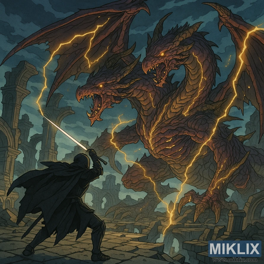Anime-style artwork of a Black Knife armored warrior facing Dragonlord Placidusax amid ruins and lightning in Elden Ring’s Crumbling Farum Azula. Anime-style artwork of a Black Knife armored warrior facing Dragonlord Placidusax amid ruins and lightning in Elden Ring’s Crumbling Farum Azula.