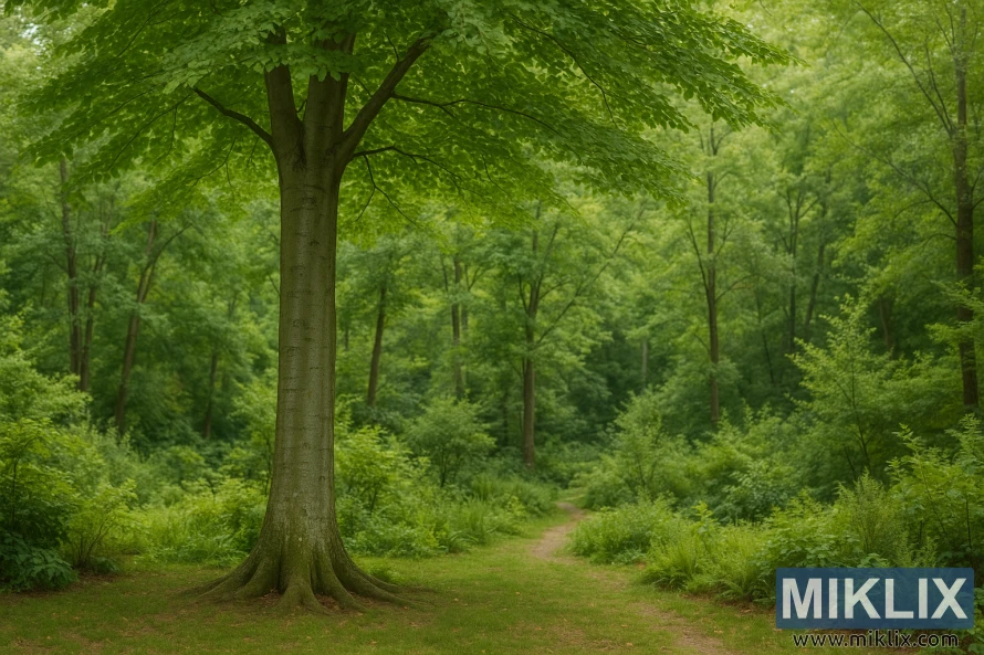 Pohon Beech Amerika dengan kulit kayu abu-abu halus dan kanopi hijau lebar di taman.