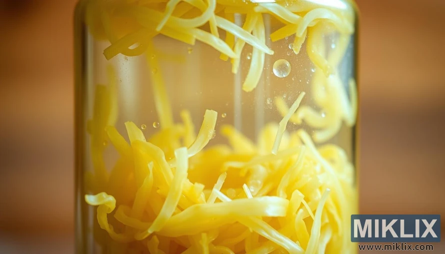 玻璃罐中的金色酸菜特寫，其中含有冒泡的益生菌。