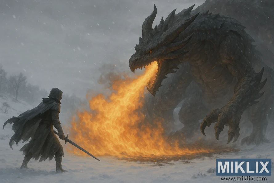 En mantelklädd krigare står inför en eldsprutande magmaorm i ett snöigt, stormigt landskap. En mantelklädd krigare står inför en eldsprutande magmaorm i ett snöigt, stormigt landskap.