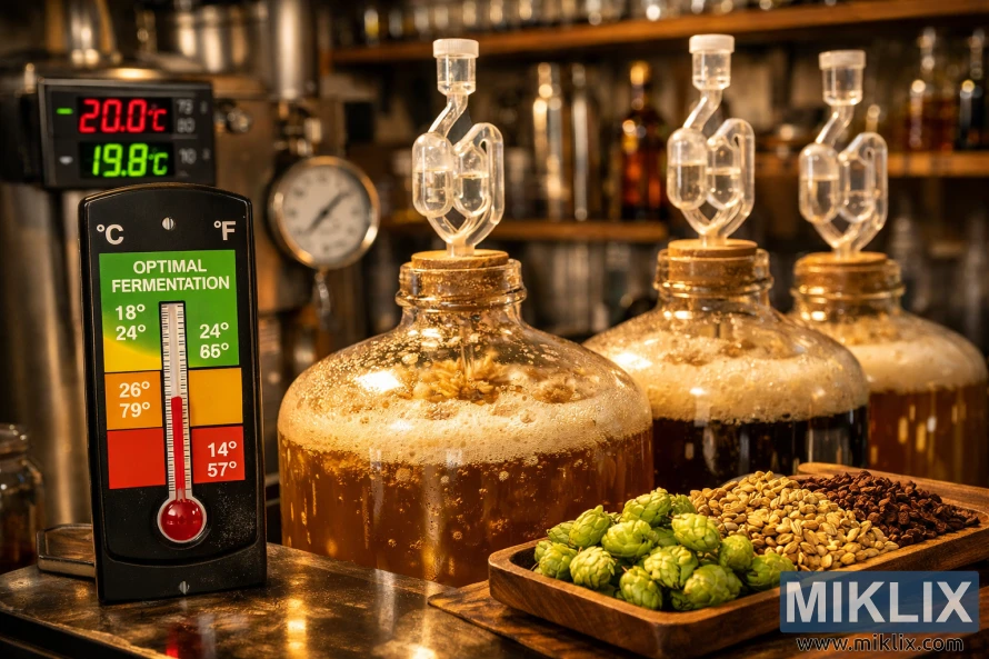 Close-up of a home brewery fermentation setup with glass carboys, bubbling airlocks, hops, malts, and a thermometer showing optimal yeast fermentation temperature.
