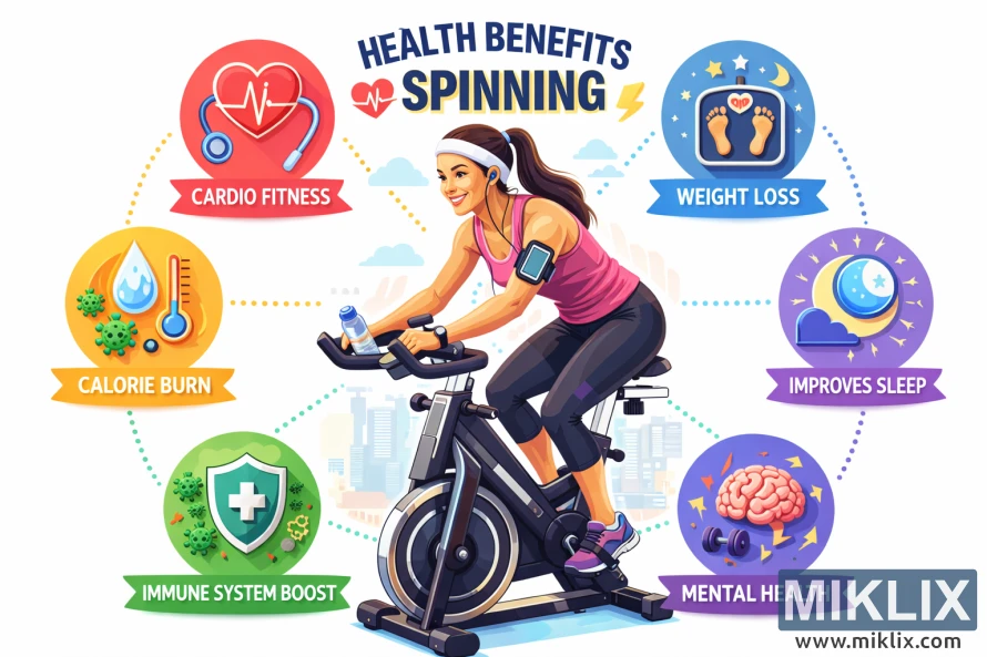 Colorful illustration of a woman using a stationary bike surrounded by icons showing the health benefits of spinning.