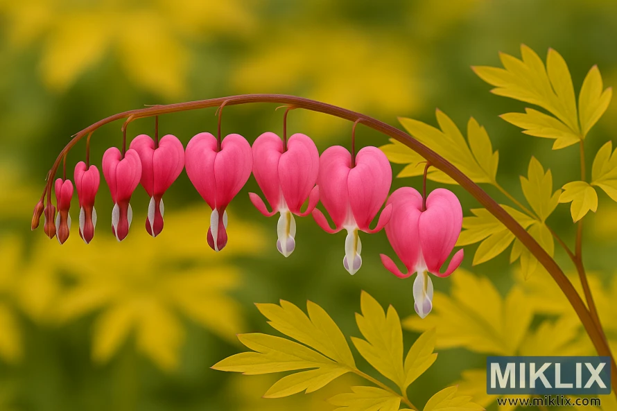 Gold Heart Bleeding Heart with pink heart-shaped flowers hanging from an arching reddish stem amid golden-yellow leaves. Gold Heart Bleeding Heart with pink heart-shaped flowers hanging from an arching reddish stem amid golden-yellow leaves.