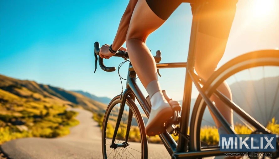 தெளிவான நீல வானத்தின் கீழ், மலைகள் மற்றும் தங்க சூரிய ஒளியுடன் கூடிய அழகிய சாலையில் மிதிவண்டி ஓட்டுபவர். தெளிவான நீல வானத்தின் கீழ், மலைகள் மற்றும் தங்க சூரிய ஒளியுடன் கூடிய அழகிய சாலையில் மிதிவண்டி ஓட்டுபவர்.