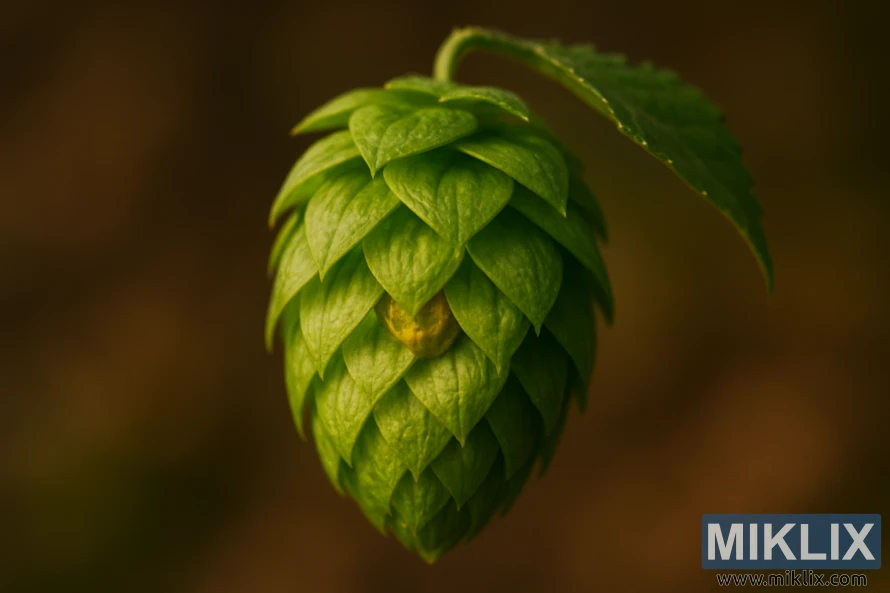 Detailní záběr na jednu zelenou chmelovou šišku Smaragd na měkkém hnědém rozmazaném pozadí.