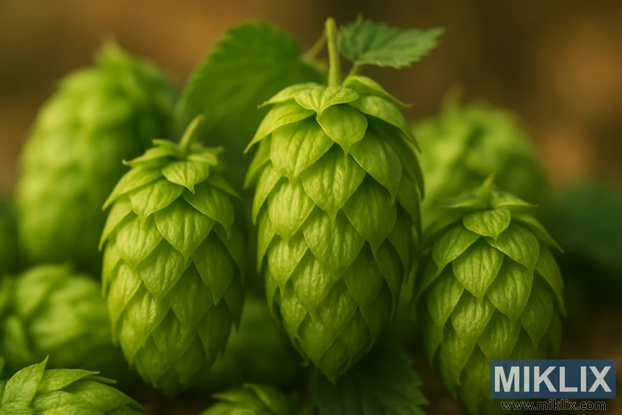 Detailed close-up of fresh green Cobb hop cones with layered bracts in warm soft light and blurred background. Detailed close-up of fresh green Cobb hop cones with layered bracts in warm soft light and blurred background.