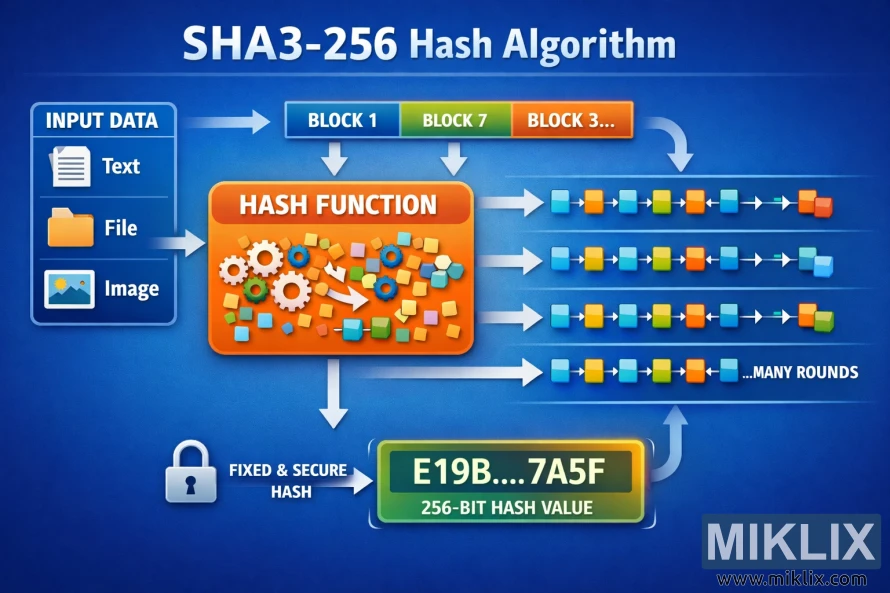 Infographic-style illustration explaining the main stages of the SHA3-256 hashing process in a clear, high-level way. Infographic-style illustration explaining the main stages of the SHA3-256 hashing process in a clear, high-level way.