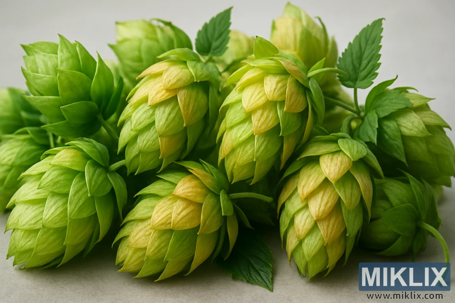 Tampilan dekat kerucut hop Petham Golding yang bersinar hijau dan emas di bawah cahaya alami yang lembut dengan latar belakang buram. Tampilan dekat kerucut hop Petham Golding yang bersinar hijau dan emas di bawah cahaya alami yang lembut dengan latar belakang buram.