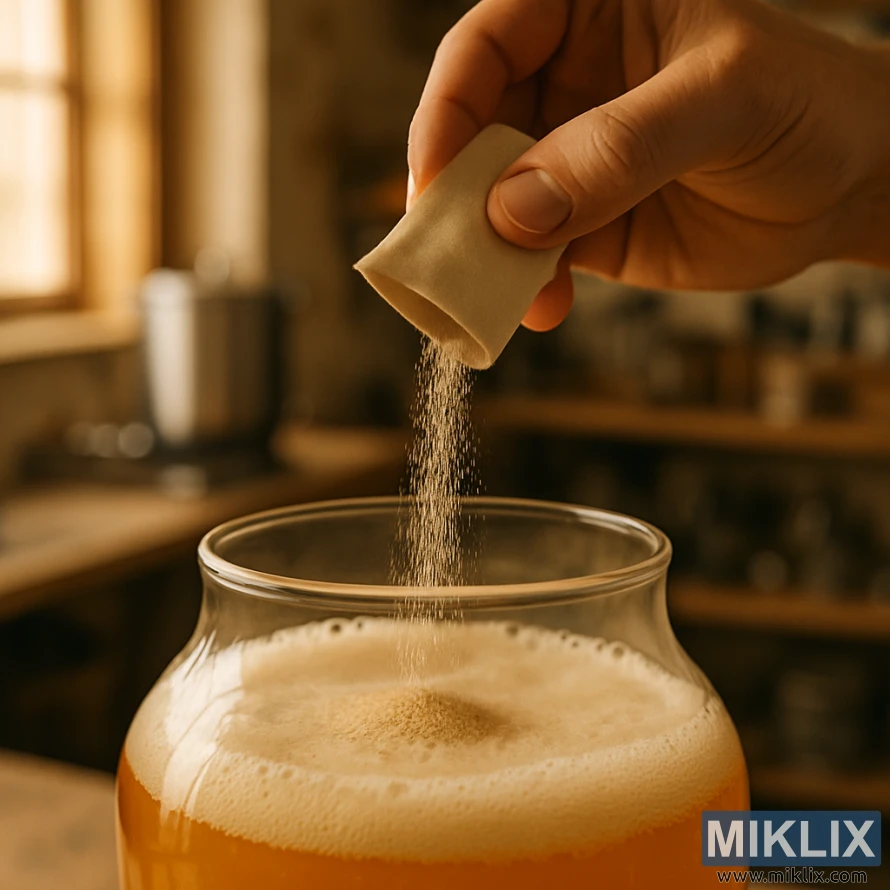 Nærbilde av en brygger som heller tørrgjær fra en veske over i et glasskar med gyllen vørter. Nærbilde av en brygger som heller tørrgjær fra en veske over i et glasskar med gyllen vørter.