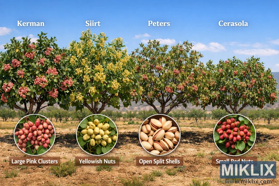 一張果園中四種開心果樹的風景照片,展示了樹形和堅果顏色的差異,並附有標註的特寫插圖。 一張果園中四種開心果樹的風景照片,展示了樹形和堅果顏色的差異,並附有標註的特寫插圖。