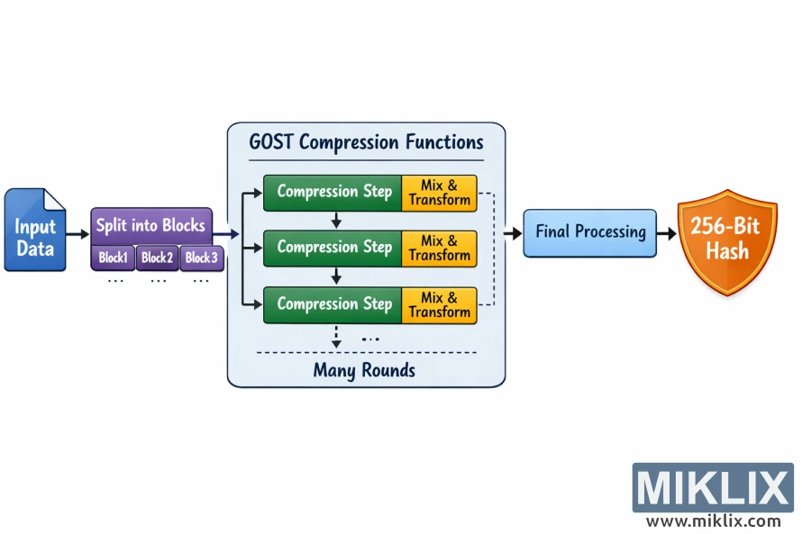 Landscape infographic showing input data flowing through preprocessing, mixing, compression, and producing a hash output.