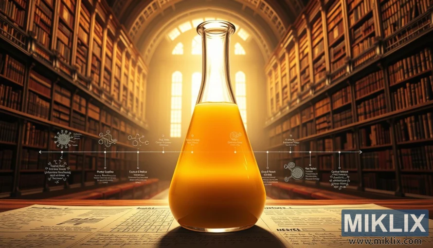 Istorijska ilustracija kolostruma u sjajnoj boci sa vremenskom linijom istraživanja i pozadinom biblioteke. Istorijska ilustracija kolostruma u sjajnoj boci sa vremenskom linijom istraživanja i pozadinom biblioteke.