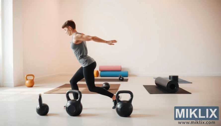 Personne effectuant des exercices de mobilité dynamique avec kettlebell dans un studio lumineux avec des accessoires. Personne effectuant des exercices de mobilité dynamique avec kettlebell dans un studio lumineux avec des accessoires.