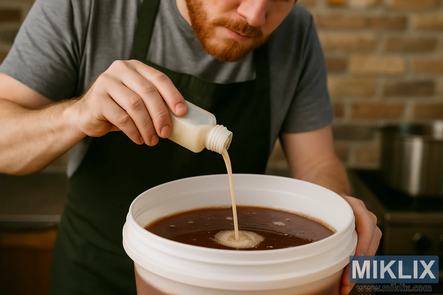 Homebrewer maye mayanı bir vedrə İrlandiya ale wortuna tökür. Homebrewer maye mayanı bir vedrə İrlandiya ale wortuna tökür.