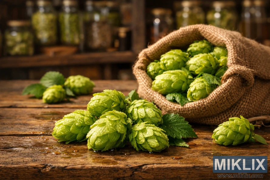 Svježi zeleni grozdovi hmelja s kapljicama rose na rustikalnom drvenom stolu, vreća hmelja od jute u sredini i zamućeni pribor za kuhanje u pozadini.