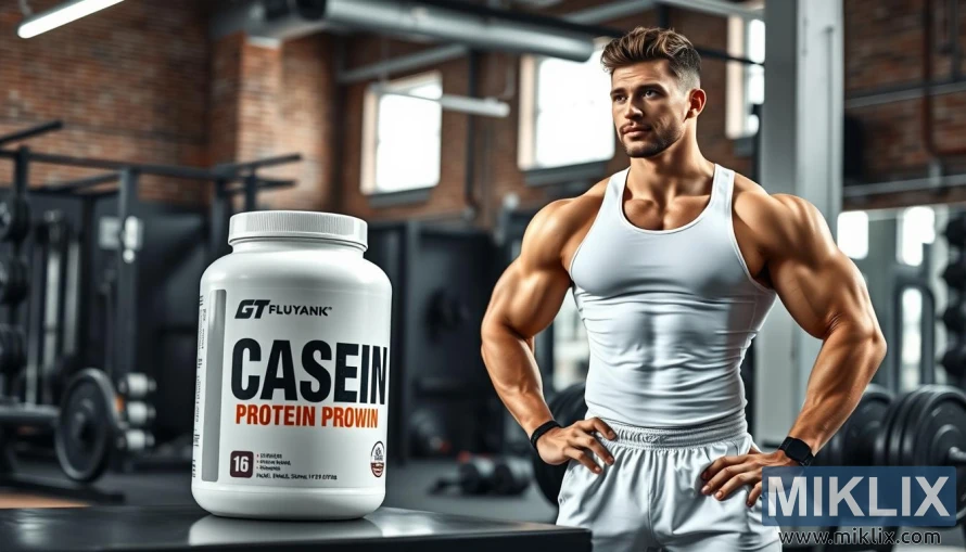 Athlete in gym with casein protein container and fitness equipment nearby. Athlete in gym with casein protein container and fitness equipment nearby.