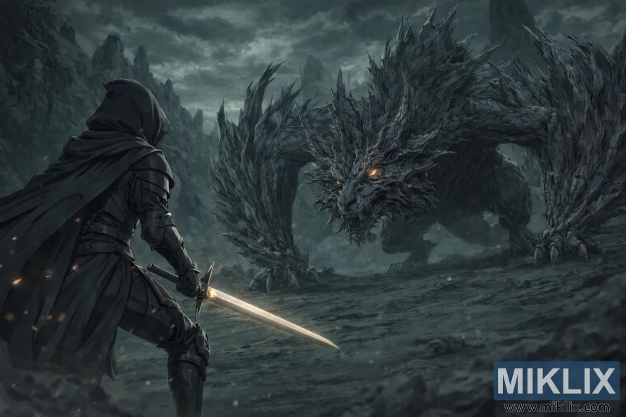 Anime-style fan art of the Tarnished in Black Knife armor wielding a sword while facing a massive jagged beast in a dark green-gray wasteland before battle.