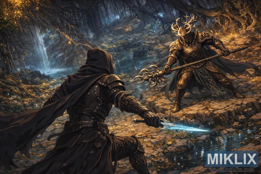 Seni penggemar gaya anime sing nuduhake Tarnished saka mburi madhep Crucible Knight Siluria ing guwa-guwa Deeproot Depths sing mencorong.