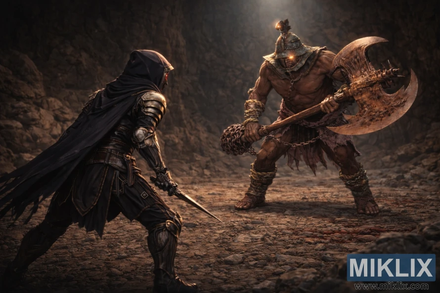 Фан-арт во аниме стил на кој се прикажани Оцрнетиот и Избезумениот дуелист свртени еден кон друг блиску во Затворската пештера пред битката.