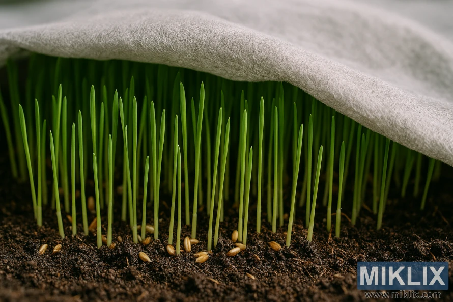 Close-up of wheatgrass sprouts growing under a light gray fabric cover Close-up of wheatgrass sprouts growing under a light gray fabric cover