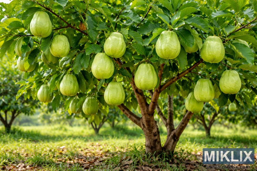 Indonesian seedless guava tree with pale green fruits growing in a sunlit tropical orchard.