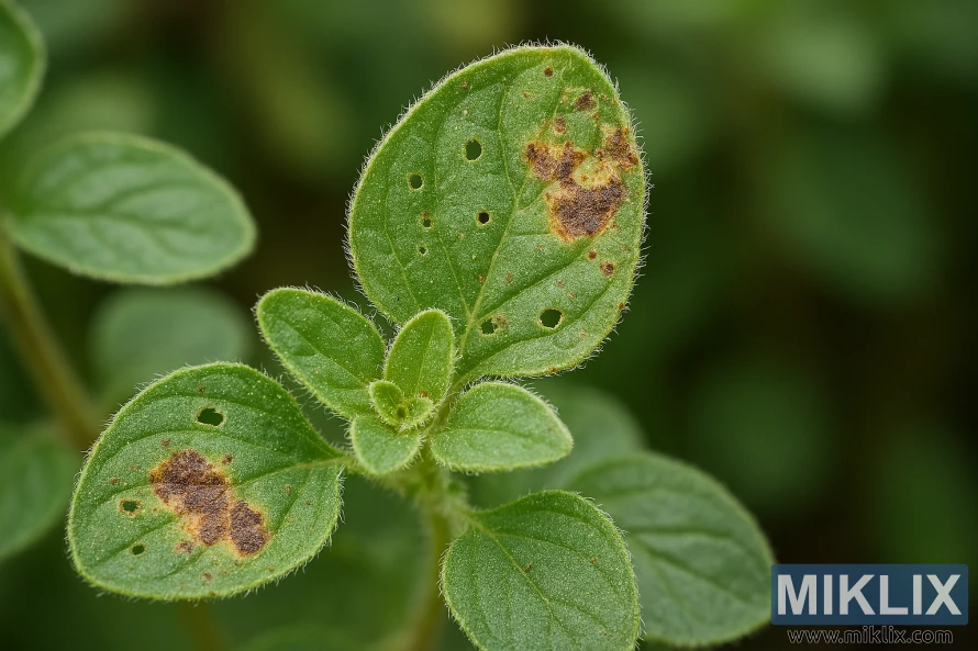 Close-up of a marjoram leaf showing pest holes and disease discoloration