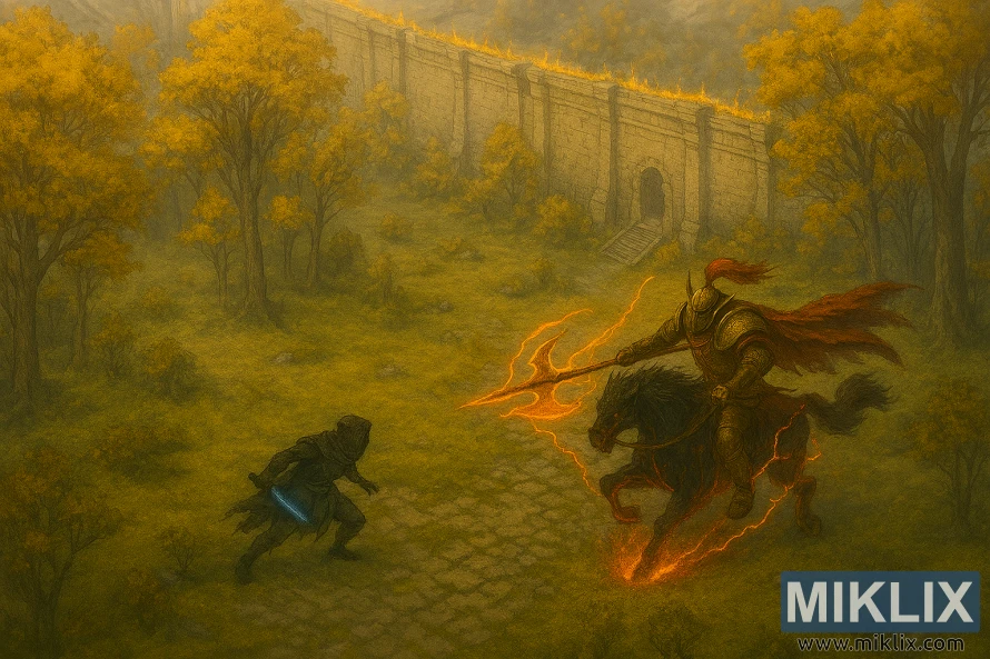 राजधानीको पर्खाल नजिकैको जंगलमा टार्निश्ड बनाम ड्र्याकोनिक ट्री सेन्टिनेल देखाउने एनिमे-शैलीको एल्डेन रिङ फ्यान आर्ट