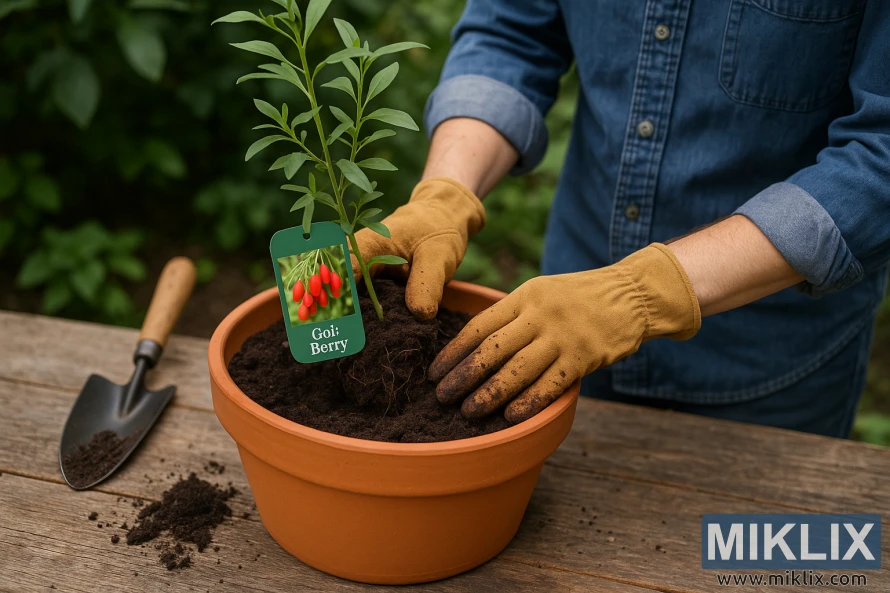 Gardener wearing gloves planting a young goji berry plant in a terracotta pot filled with dark soil on a wooden table.