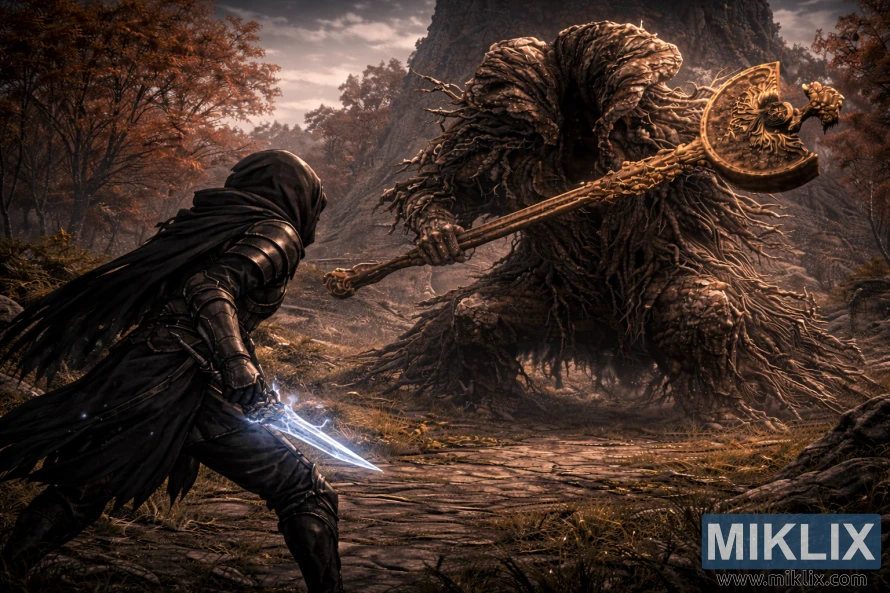 Dark fantasy Elden Ring inspired artwork of the Tarnished in Black Knife armor confronting a colossal Erdtree Avatar at close range in an autumn ruin landscape.