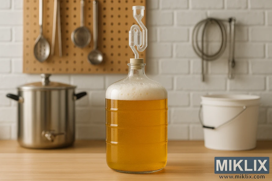 En klar glassdunk med gjærende gyllen lager på en ryddig hjemmebrygget benk.