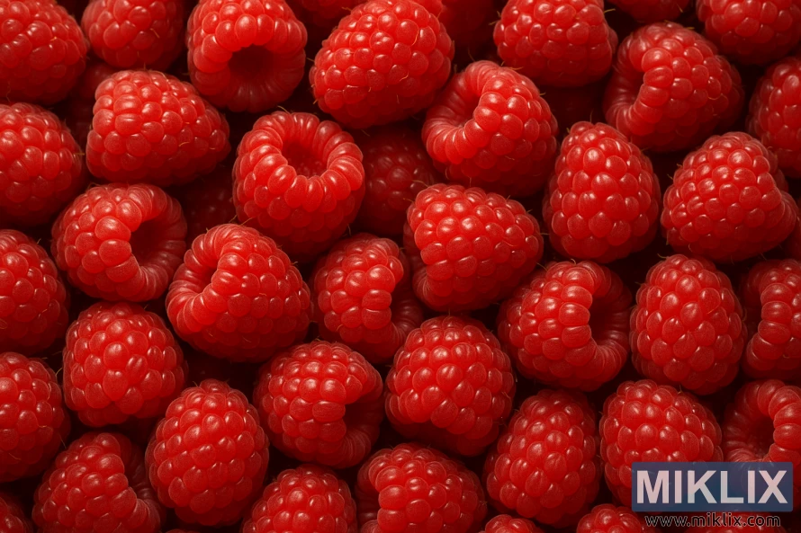 Close-up view of ripe, juicy raspberries with rich red tones and detailed texture.